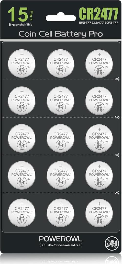 POWEROWL High Capacity CR2477 Battery (15-Pack) 3v Lithium Batteries, Leak-Free Long Lasting Cr 2477
