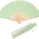 50pcs Paper Hand Fan with Organza Bags Bamboo Handheld Folding Fan DIY Decorative Wedding Party Favors (Light Green)
