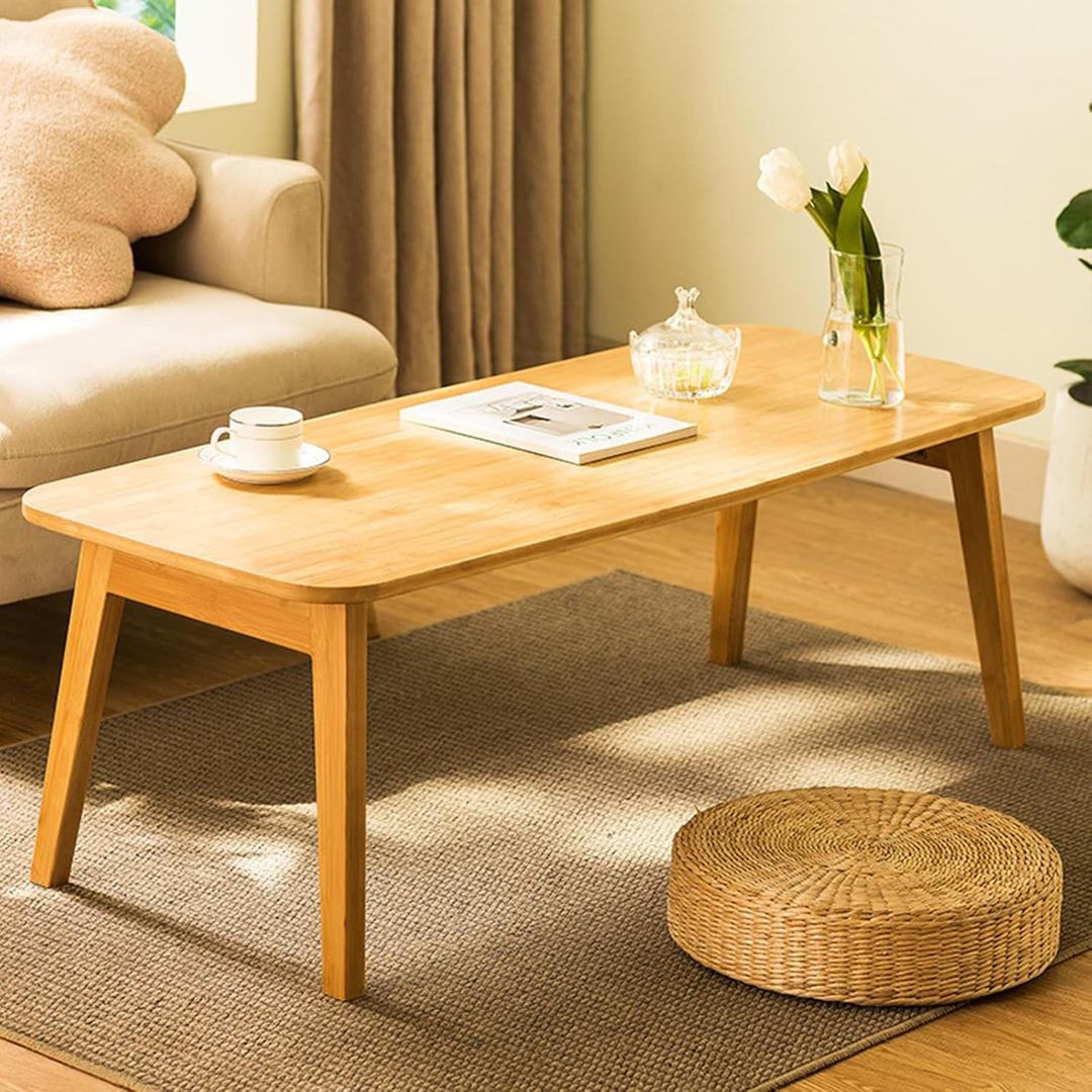 Baveke Folding Coffee Table- Foldable Floor Tables, Mid Century Coffee Table for Living Room, Small Coffee Tables Solid Wood Japanese Low Table for Sitting on Floor, No Assembly, 47.2''-Natural, 47.24 in