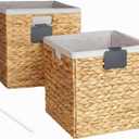 Wicker Storage Basket 12x12, Foldable Water Hyacinth Storage Baskets, Wicker Storage Cubes with Liners, Natural Seagrass Laundry Bin, Letter Boards and Chalk Marker Included, Set of 2