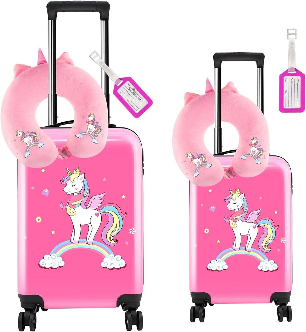 Sanwuta 6 Pcs Kids Luggage Set Kids Rolling Suitcases for Girls(Pink,18", 20",Unicorn)
