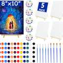 5 Pack 8x10 Inch Canvas and Easel Set, Sip and Paint Kit for Adults,Art Canvas Bulk with Easels Stands, Trays,Small Paint Brushes,12 Colors Mini Acrylic Paint Set for Couples,Kids and Party Supplies