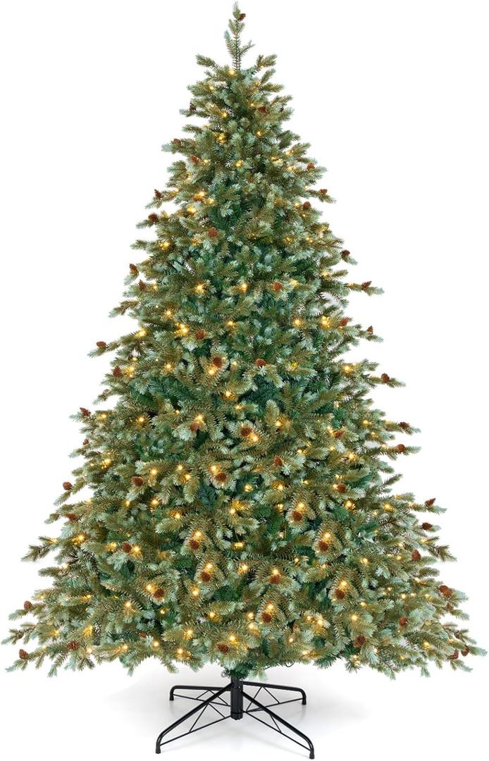 7ft Pre-Lit Artificial Christmas Tree, Hinged Full Xmas Pine Tree with 340 Warm White LED Lights, 8 Modes, 846 PVC & PE Branch Tips, Pine Cones, Metal Stand, Seasonal Home Office Decoration