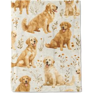 Golden Retriever Flannel Blanket - Lightweight Soft Cozy Gifts Blankets for Dog Lovers, Kids, Women,Cute Floral Art Style Throw,Elegant Home Room Modern Retro Decor 60x80in