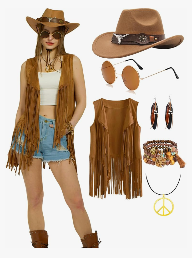 6 PC Cowgirl Western Outfits for Women Retro Cowgirl Costumes Fringe Vest Cow Girl Hat for Women Country 70s Hippie Outits XL