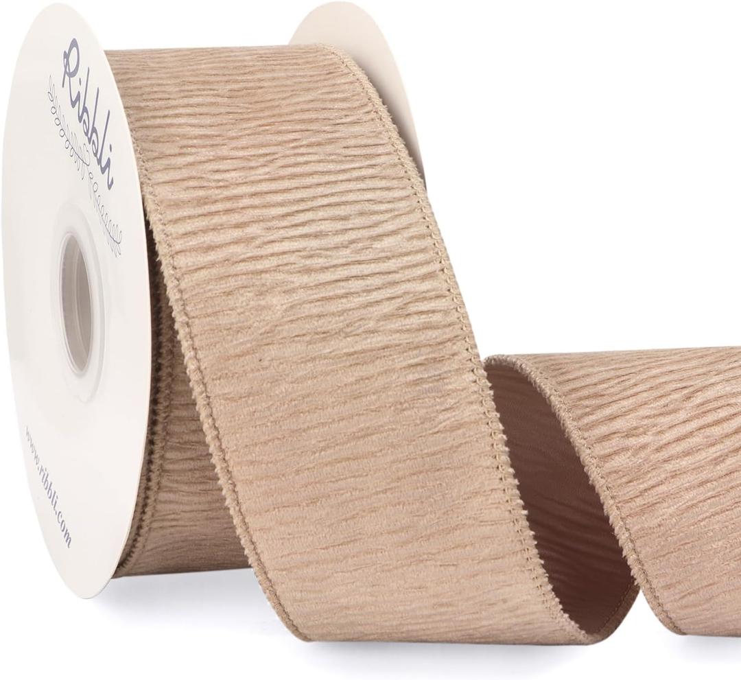 Ribbli Camel Crinkled Velvet Wired Ribbon 2.5 Inch Velvet Christmas Ribbon for Gift Wrapping Christmas Tree Decoration Crafts Wreaths Supplies-Continuous 10 Yards