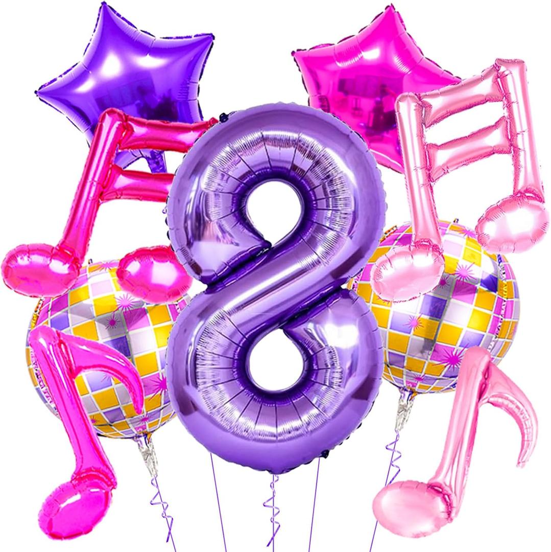 3 x 9Pcs Kpop Birthday Decorations - Kpop Music Balloons Hot Pink Music Note Balloons - 40 Inch Purple Number 8 Balloon for Disco Party Decor - K pop Music Themed Birthday Party Decorations, 40 inch, 18 inch