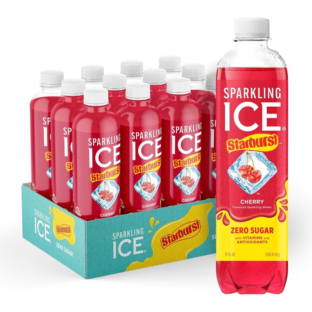 Sparkling Ice STARBURST Cherry, Zero Sugar Flavored Sparkling Water, with Vitamins and Antioxidants, Low Calorie Beverage, 17 fl oz Bottles (Pack of 12) (EXP 06/07/26)