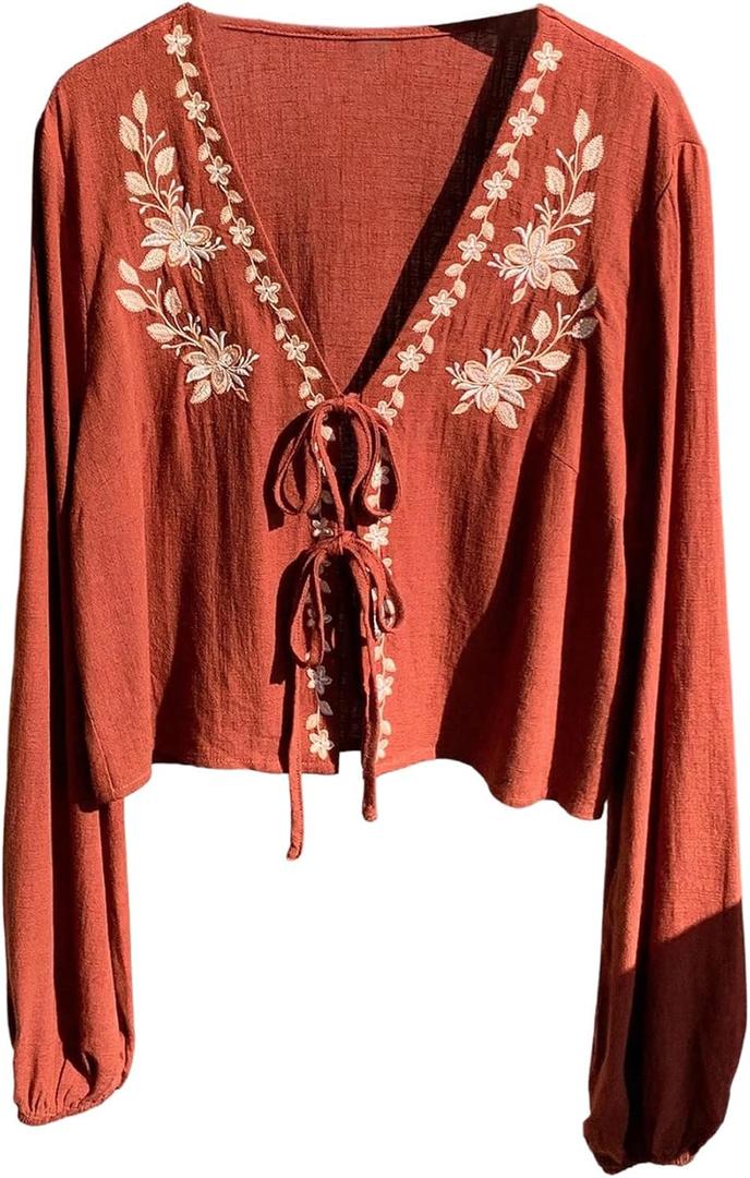 SHENHE Women's Fall Linen Peasant Blouse Tie Front Long Sleeve Floral Embroidered Top Shirt (Brown, S)