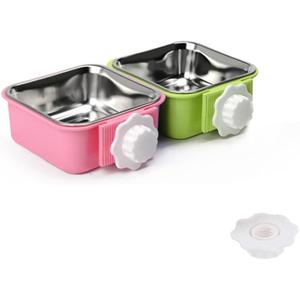 Crate Dog Bowl,Removable Stainless Steel Water Food Feeder Bowls Crate Coop Cup,Pet Cage Bowls with Bolt Holder for Cat, Puppy, Birds, Rats, Rabbits Small Animals ((Green+Pink) Square, Samll)