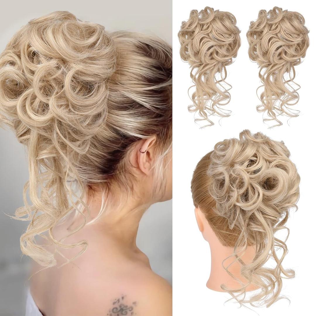 HOOJIH 2PCS Messy Bun Hair Piece, Tousled Updo with Tendrils Bun Extensions Wavy Curly Hair Wrap Ponytail Hairpieces for Women HB010 Dasiy - Medium Blonde with Highlights