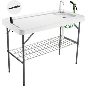 Folding Fish Cleaning Table Portable Camping Sink with Faucet Drainage Hose & Sprayer Outdoor Fillet Station Grid Rack Knife Groove for Picnic Fishing, Black