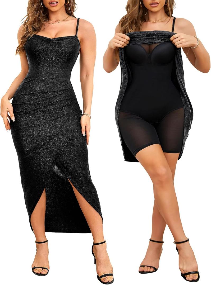 Slimers Women's Evening Party Shapewear Dresses Buit in Bra Layered Formal Spaghetti Strap Slips Dress (Large, Black)