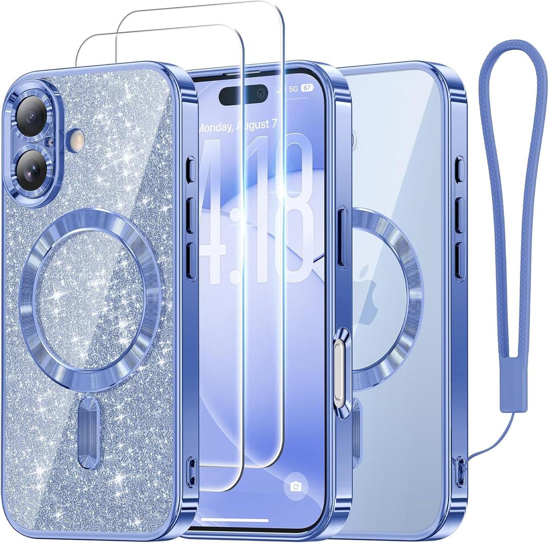 Meifigno Designed for iPhone 17 Case 6.3", [Glitter Card & Wrist Strap] [Compatible with MagSafe] [2X HD Screen Protectors] Surround Raised Lens Protection for iPhone 17 Case 6.3 Inch, Mist Blue