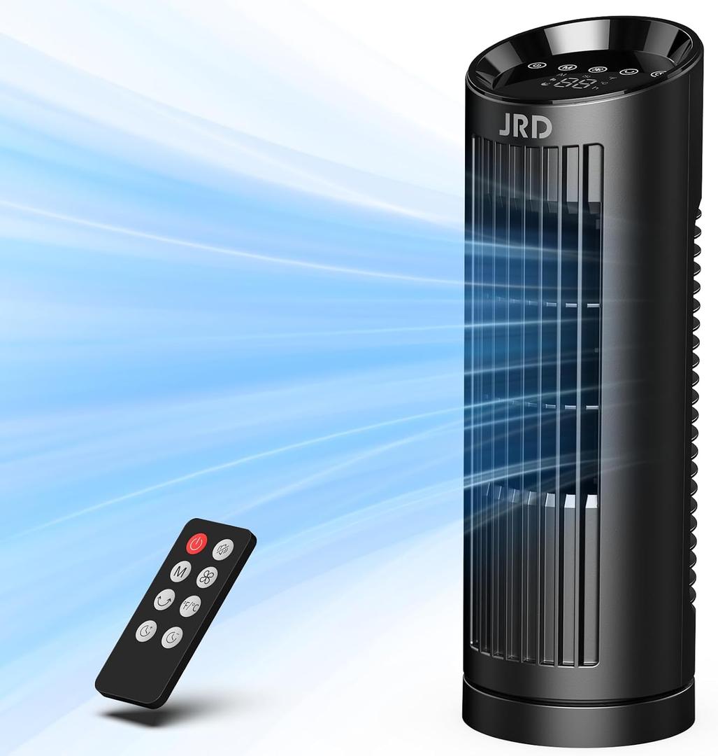 JRD 13'' Tower Fan for Bedroom, Quiet Cooling Desk Fan with Remote, 80 Oscillating, 3 Speed, 4 Mode, 12h Timer, Digital Touch Screen, Portable, Safe Bladeless Table Fan for Home Desktop Office (Black)