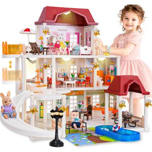Doll House with 45 Pcs Furniture and Accessories, 3-Story with 4 Animal Dolls, Food Cooking Set, Warm Lights, Pool Slide and Movable Elevator, Pretend Play Dream Dollhouse for Girls 3+