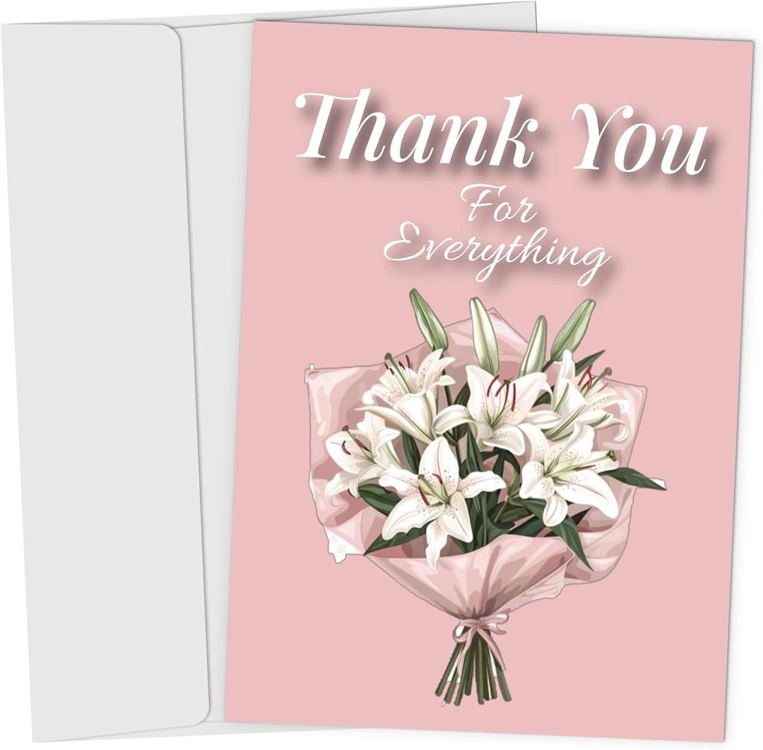 Thank You Card - Thank You Cards for Men Women Dad, Mom, Brother, Sister, Friends, Kids - Pink Floral Greeting Cards for Appreciation 5 x 7 Inch 