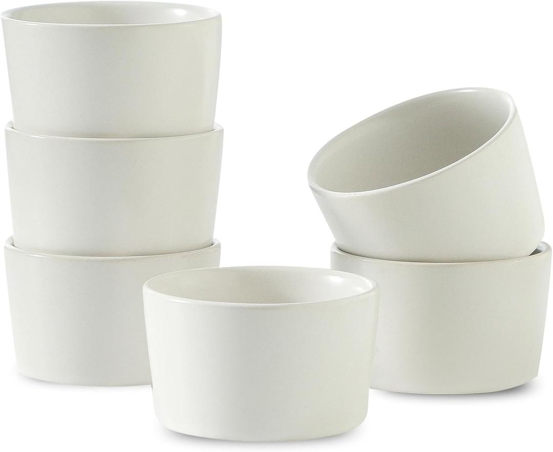 Ramekins 4 OZ,Oven Safe Small Ramekins Set for Creme Brulee, Souffle, White Ramkeins Kit for Baking, pudding, Ceramic Mini Ramkeins Set of 6, Custard cups for Kitchen, White