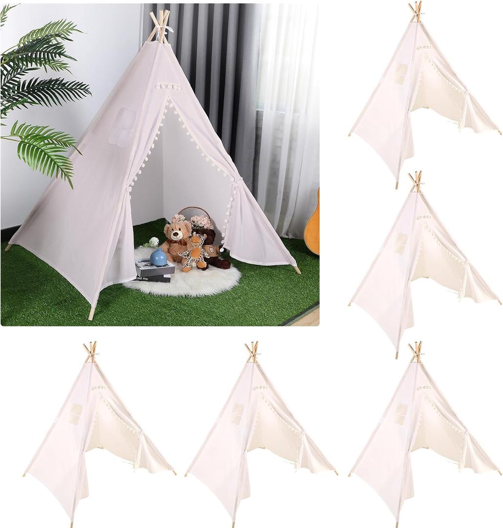Windyun 6 Pcs Kids Teepee Tent Foldable Washable Indoor Outdoor for Boys Girls Toddler Boho Sleepovers Birthday Pajama Party Spa Supplies (71 Inch, Beige)