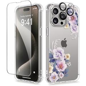 GVIEWIN for iPhone 15 Pro Max Case, [3 in 1] with Screen Protector & Camera Lens Protector, Clear Hard Shockproof Slim Fit Floral Phone Cover for Women Girls 2023 6.7"(Begonia Flowers/Blue)