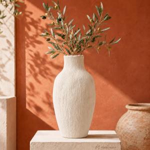 Ceramic Flower Vase for Home Decor - Handmade Textured Long Vase Medium - 12 inch Tall