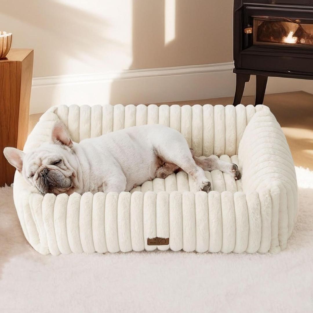 Bedsure Washable Dog Bed for Medium Dogs - Cute Furry Puppy Beds, Rectangle Orthopedic Corduroy Fleece Pet Beds with Removable Zipper Cover, 30x24x8inches, Cream (30.0"L x 24.0"W x 8.0"Th)