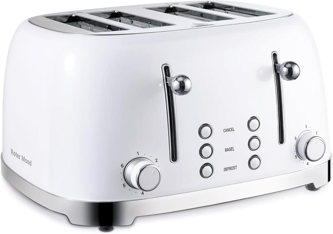 Roter Mond 4 Slice Toaster Retro Stainless Steel with Bagel Defrost Cancel Function, 6 Browning Settings, Extre Wide Slot and Removable Crumb Tray, White, ST033