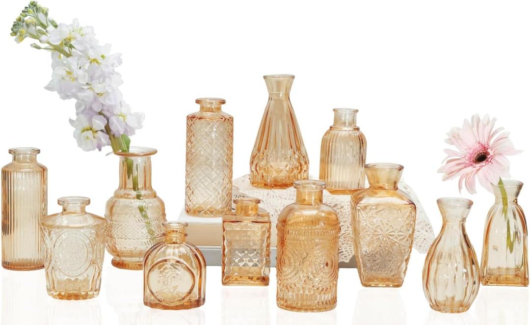 Bud Vases Set of 12,Glass Bud Vases in Bulk,Small Flower Vases for Centerpieces,Mini Vintage Vase for Wedding, Home Table Decor,Christmas,Party Decoration,Gold Amber