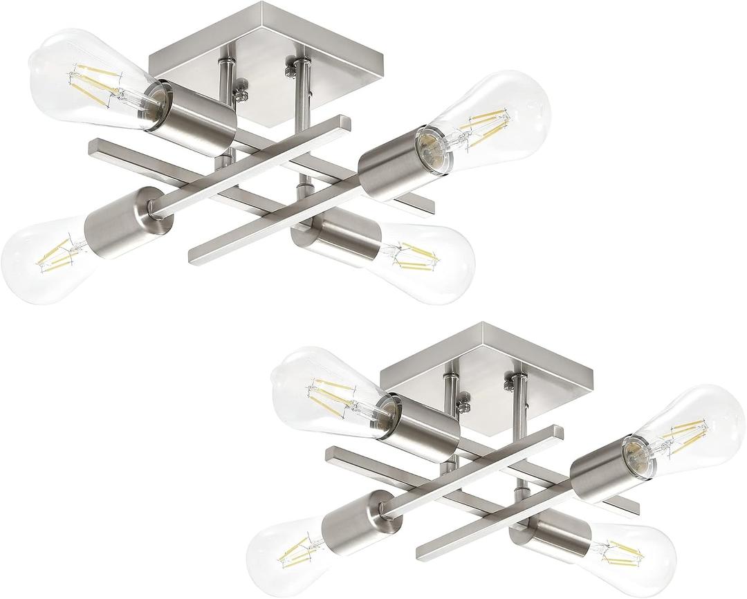 Industrial 4-Light Semi Flush Mount Ceiling Light Fixture, Modern Brushed Nickel Chandelier Lighting, Farmhouse E26 Base Sputnik Ceiling Lamp for Kitchen Bedroom Living Room Entryway, 2 Pack