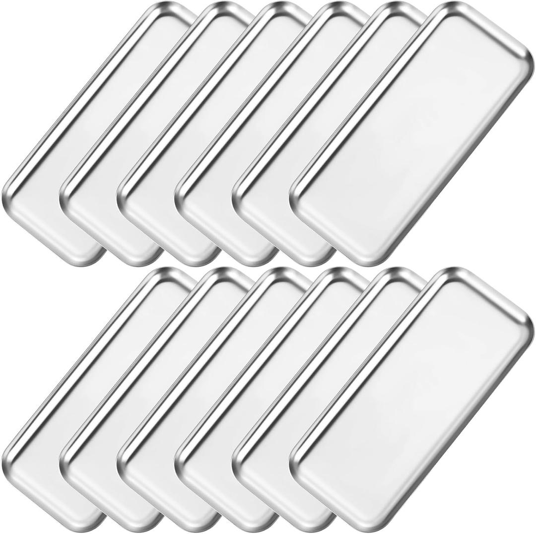 Vesici 12 Pcs 7.87 x 3.35 inches Small Silver Tray Bulk, Stainless Steel Rectangle Serving Trays Trinket Decorative Bathroom Tray for Vanity Jewelry Makeup Towel, Dish Plate Tea Fruit Storage Platter