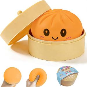 Dumpling Squishy Stress Ball, JHSRVER Mystery Dumpling Squishies, Dumplings Stretchy Desk Toy, Handmade Squeeze Toys, Bun Dough Fidget Toy with a Steamer(Orange)