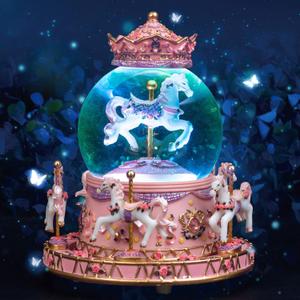 Gift Wrapped Carousel Horse Unicorn Music Box Snow Globe Color Changing LED Lights for Women Kids Baby Girls Mom Daughter Granddaughter Christmas Birthday Gifts Valentines Day Gift (Pink)