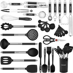 Kitchen Utensil Set-Silicone Cooking Utensils-14 Kitchen Gadgets & Spoons for Nonstick Cookware-Silicone and Stainless Steel Spatula Set-Best Kitchen Tools, Useful Pots, Black 