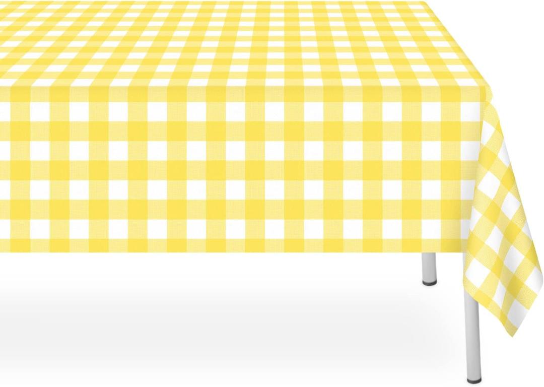 12 Pack Yellow and White Checkered Tablecloth, Yellow Plastic Table Cloths for Parties Disposable, 54x108 inch Waterproof Yellow Gingham Camping Tablecloth for Birthday, Party, Picnic, School