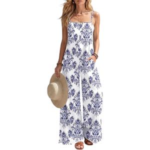 Ekouaer Womens Causal Sleeveless Jumpsuits Summer Boho Wide Leg Floral Rompers Overalls with Pockets, Medium