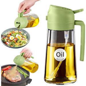 YARRAMATE 16oz/470ml Glass Olive Oil Sprayer for Cooking with Stickers, 2 in 1 Oil Dispenser for Kitchen Gadgets, Food Grade Premium Spray Bottle with Portion Control for Salad, Frying, BBQ (Green)