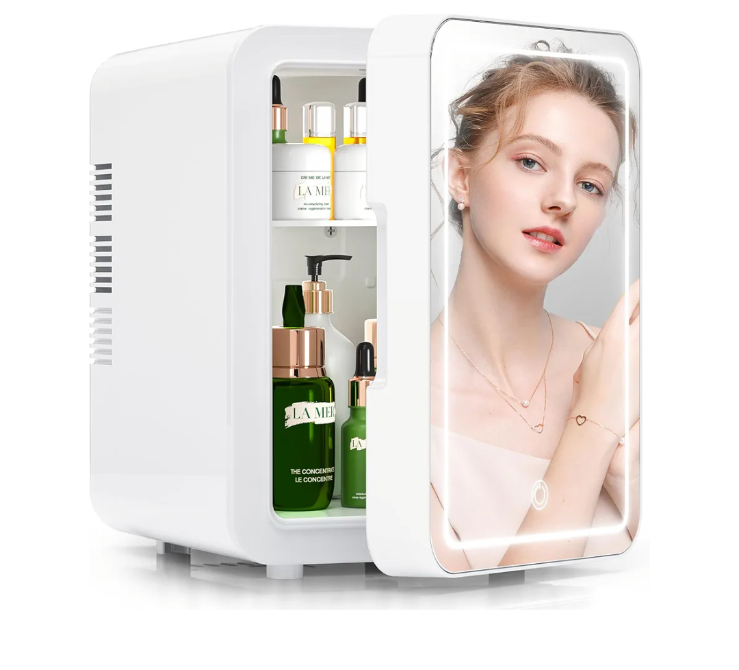 Mini Skincare Fridge (4 Liter/6 Can) with Dimmable LED Light Mirror, Cooler and Warmer for Refrigerating Make Up, Skin Care and Food, Portable Mini Fridge for Bedroom, Office and Car, White Pack of 2