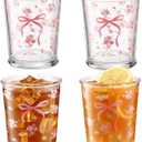 Maxdot 4 Pcs 8oz Coquette Bow Glass Cups Pink Bow Aesthetic Drinking Glasses Cute Coffee Mugs Glasses Coquette Gifts for Women Girls Birthday Wedding Bridal Shower(Bow and Rose)