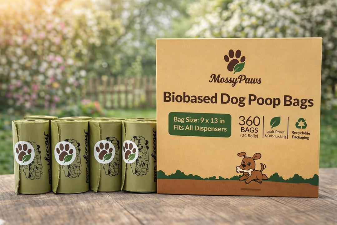 MossyPaws Biobased Dog Poop Bags 360 Count (24 Rolls) Plant-Based, Leak-Proof, Durable Eco-Friendly Pet Waste Bags with Recyclable Packaging 9x13 Inch Fits All Dispensers