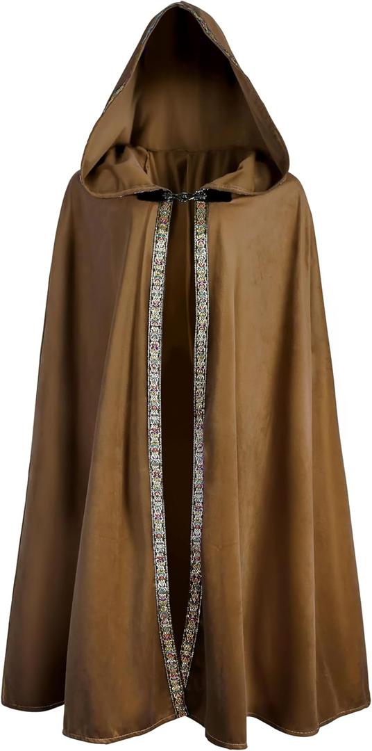 Hooded Doom Cloak Renaissance Long Cape for Cosplay for Men and Women Halloween Medieval Costume (Brown)