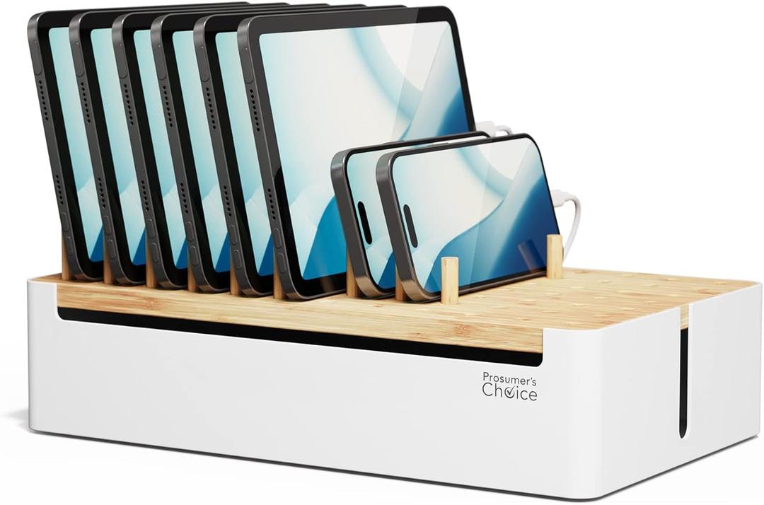 Prosumers Choice Bamboo Charging Station for Multiple Devices - Wooden Charger Organizer with Removable Dividers for Phones, Tablets, and Laptops - 11 Inch Cable Organizer Box - Space-Saving Desk Dock (Metal & Bamboo White)