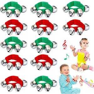 12 Pcs Christmas Wrist Jingle Bells,Bracelets Hand Bell Band Instrument Percussion Musical Ankle Bell for Kids,Party Favors,Green Red