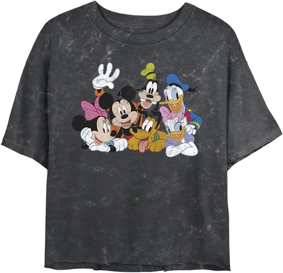 Disney Womens Characters Mickey Group Women's Mineral Wash Short Sleeve Crop Tee (X-Large, Black)
