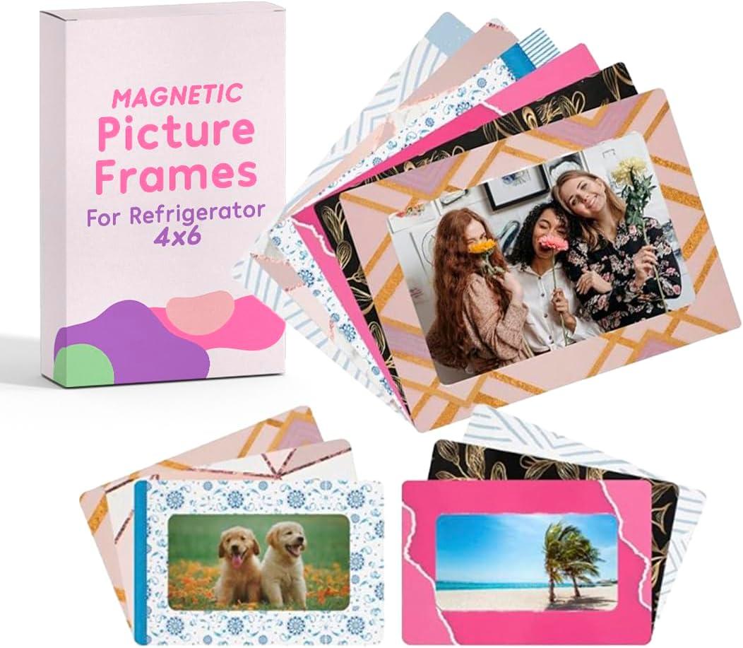 Magnetic Picture Frames for Refrigerator 4x6, 4.5x2.5, Magnet Photo Frame, Pack of 12 in 6 Modern Designs, Locker and Refrigerators Decorations, GREAT DESIGNS! (Pink/Blue/Purple)