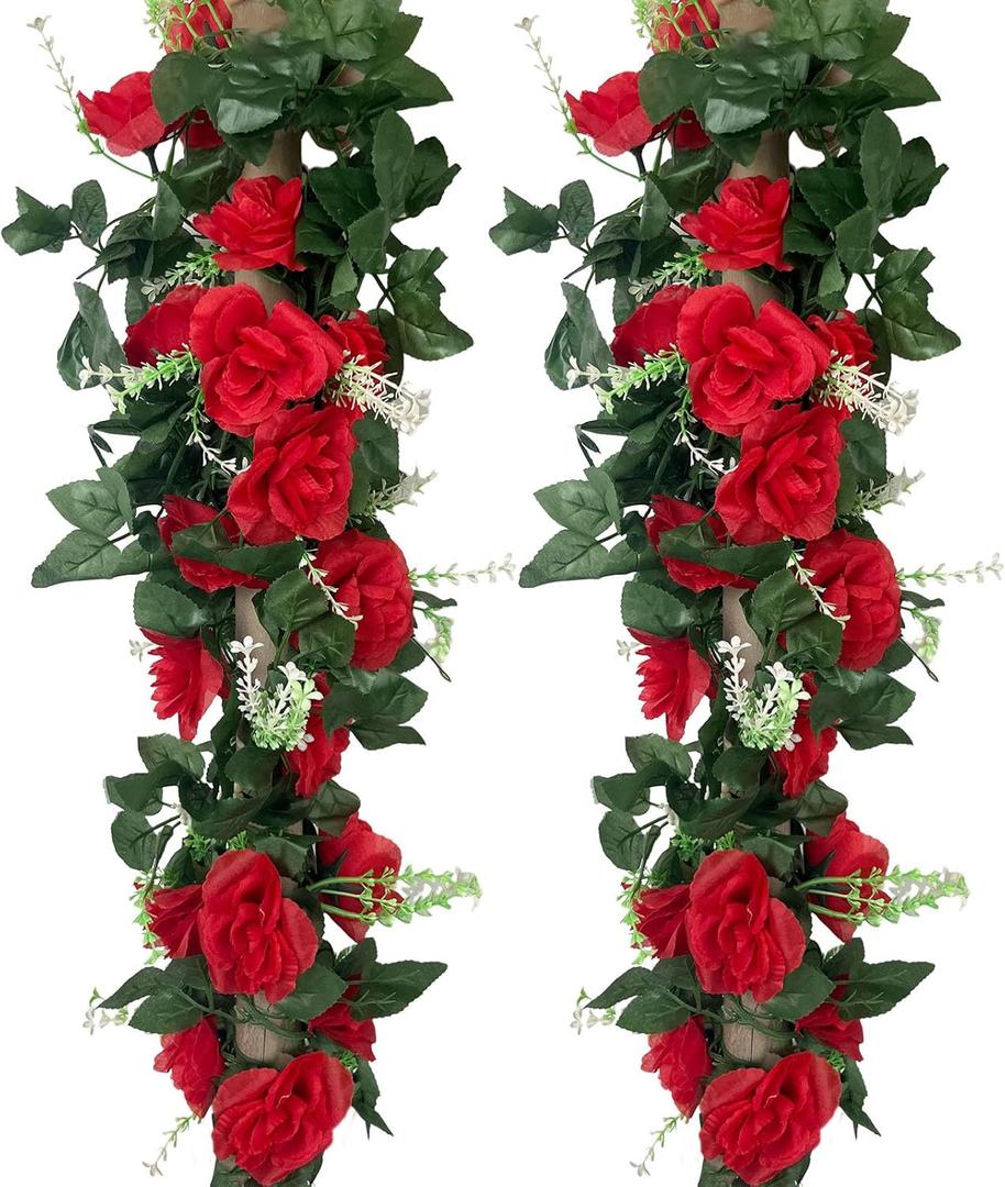 4Pcs 28Ft Red Rose Garland, Fake Flower Vines, Artificial Vine Flowers, Rose Hanging Garland for Party Wedding, Garden, Room Table, Christmas, Backdrop Wall Arch Decor