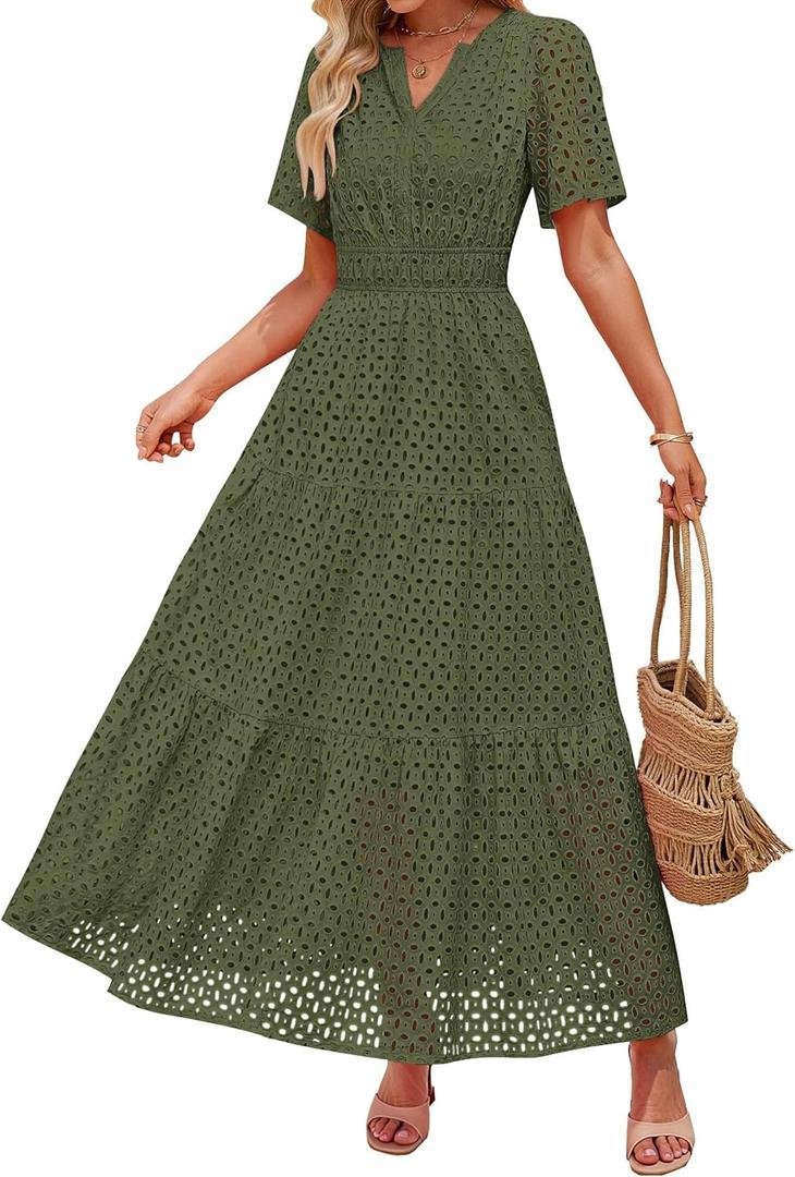 ZESICA Women's 2025 Summer Short Sleeve Maxi Dress Casual V Neck Hollow Out Eyelet Ruffle Swing A Line Long Dresses, Army Green, X-Large