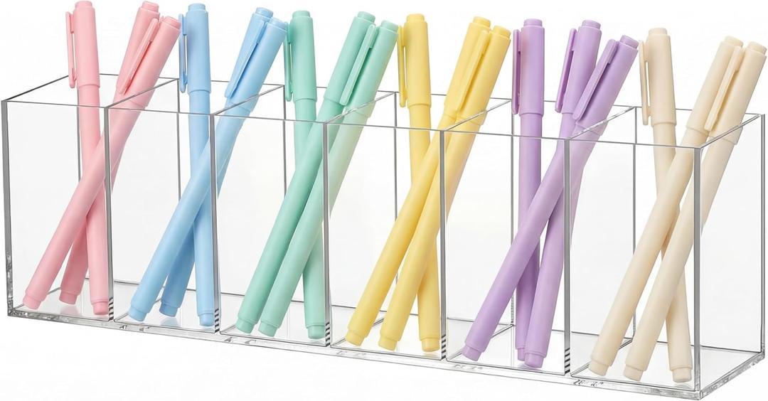 Jetec Acrylic Pen Holder 6 Compartments Makeup Brush Stationery Organizer Pencil Holder for Desk Accessories, Cosmetic Brushes, Dorm, Home, Bathroom, Kitchen, Office Supplies(Clear)