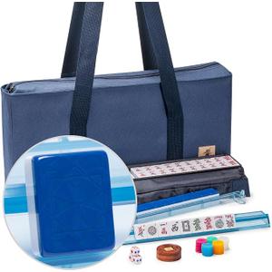 American Mahjong Game Set, 166 Premium White Tiles, 4 All-in-One Color Rack/Pushers, Complete Mahjong Set Blue Carrying Bag