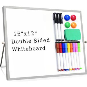 Dry Erase White Board, 16 x 12 Inch Large Magnetic Desktop Whiteboard with Stand, Double Sided Portable White Board with 12 Markers, 4 Magnets,1 Eraser for Kids, Office, Home