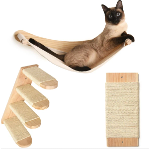 Set of 6 Cat Wall Shelves - Four Step Cat Shelf with Scratch Board, Mounted Cat Shelves, Sturdy Cat Wall Furniture for Indoor Cats